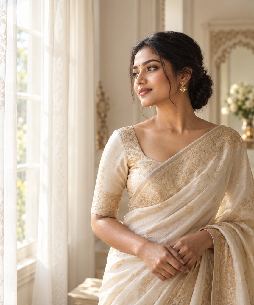 Indian bride in an ivory saree beside a sunlit window